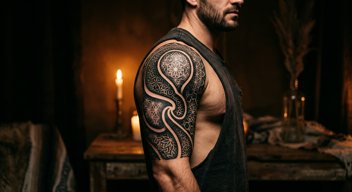 Blackwork tattoo artwork by Sable Okafor — detailed close-up showing technique and artistry