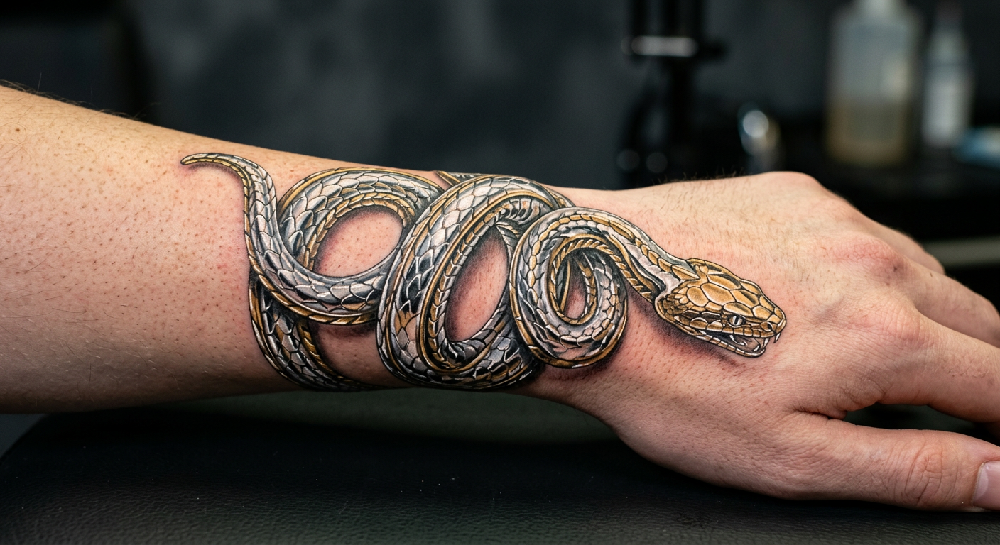 Chrome Realism tattoo artwork by Sable Okafor — detailed close-up showing technique and artistry