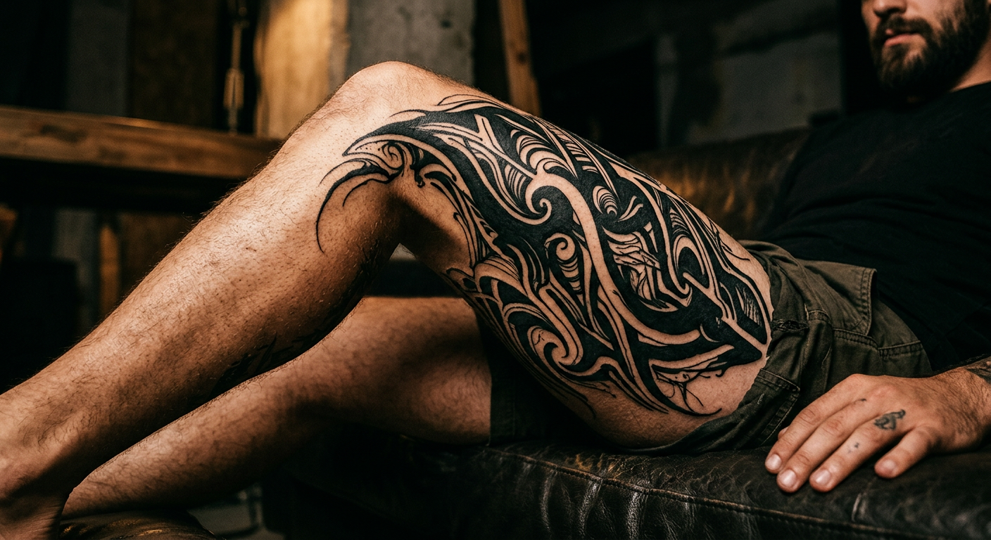 Blackwork tattoo artwork by Sable Okafor — detailed close-up showing technique and artistry